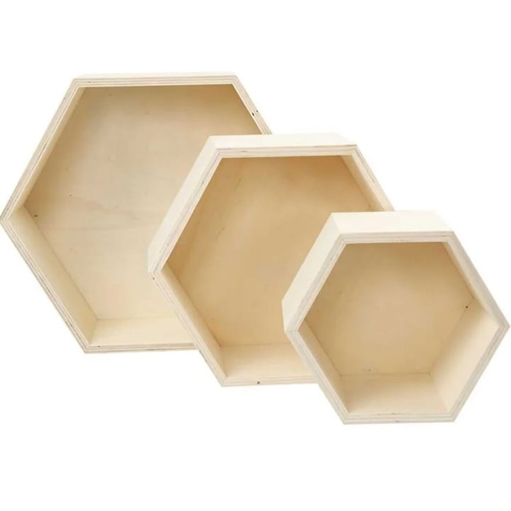 Cutii de depozitare din lemn 3 buc | formă hexagonală