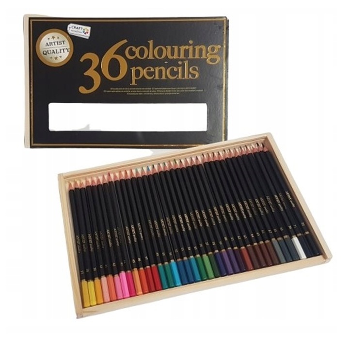 Set 36 de creioane colorate în cutie de lemn