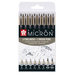 Set de stilouri tehnice Sakura Pigma Micron nuanțe de gri 8 bucăți
